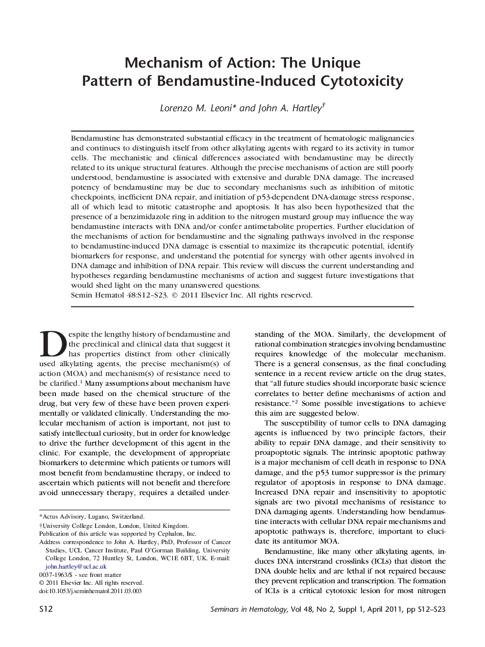 Mechanism of Action: The Unique Pattern of Bendamustine-Induced Cytotoxicity 