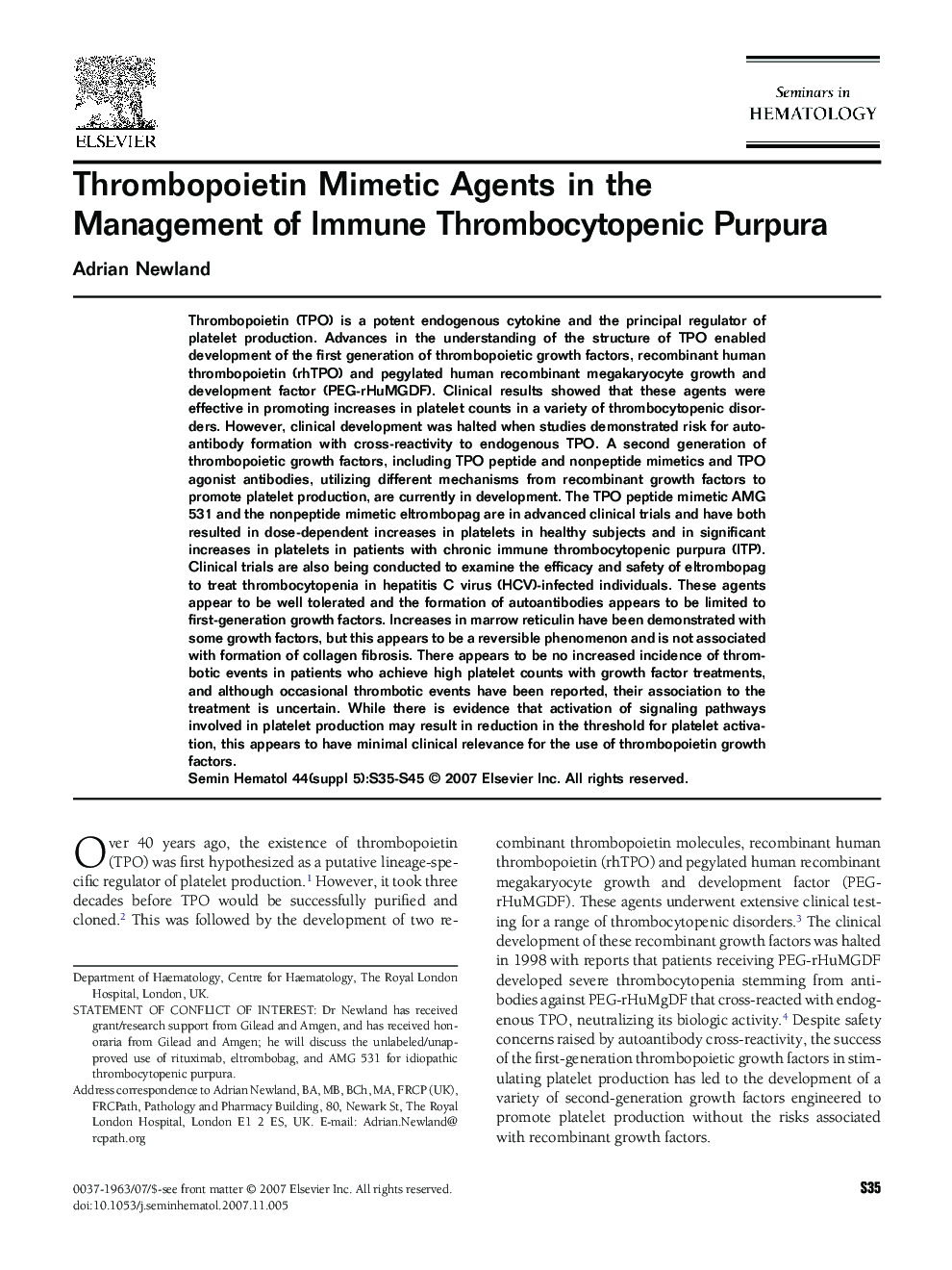 Thrombopoietin Mimetic Agents in the Management of Immune Thrombocytopenic Purpura 