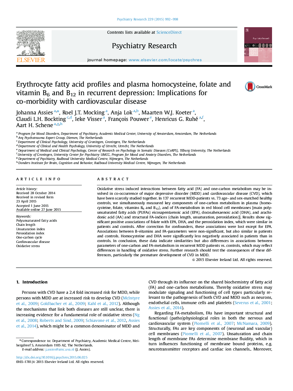 Erythrocyte fatty acid profiles and plasma homocysteine, folate and vitamin B6 and B12 in recurrent depression: Implications for co-morbidity with cardiovascular disease