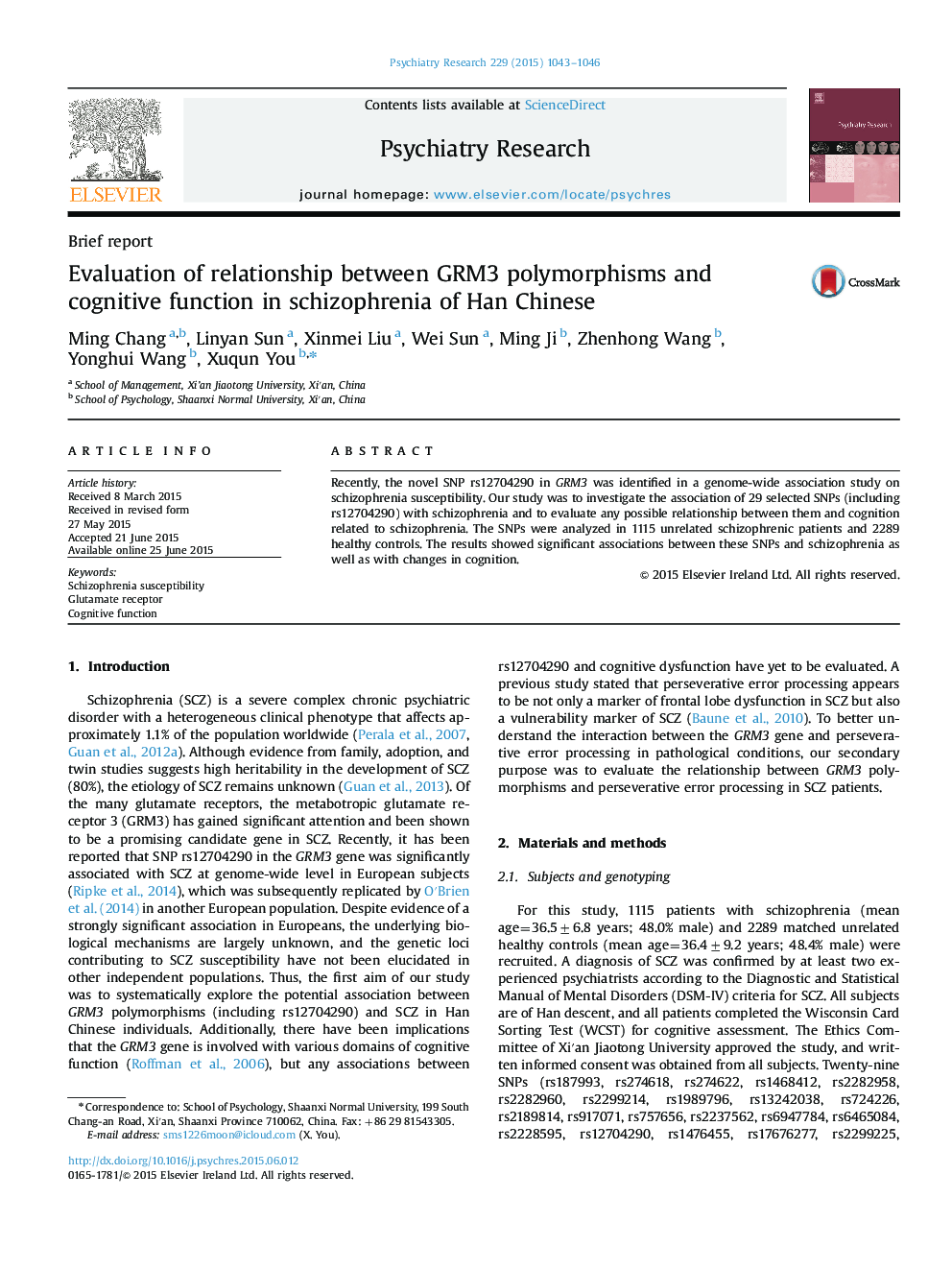 Evaluation of relationship between GRM3 polymorphisms and cognitive function in schizophrenia of Han Chinese