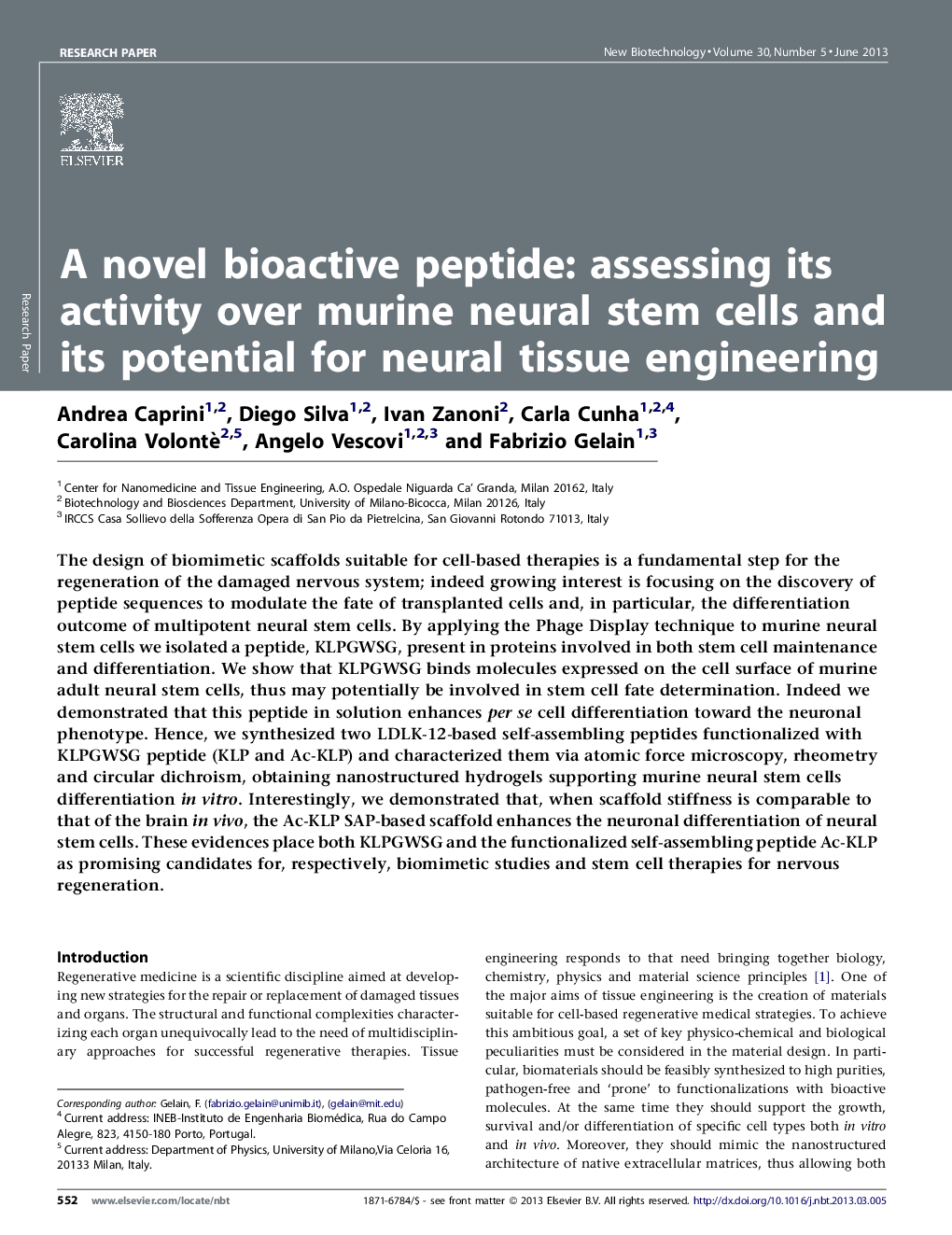 عکس صفحه اول مقاله: A novel bioactive peptide: assessing its activity over murine neural stem cells and its potential for neural tissue engineering A novel bioactive peptide: assessing its activity over murine neural stem cells and its potential for neural tissue engineering
