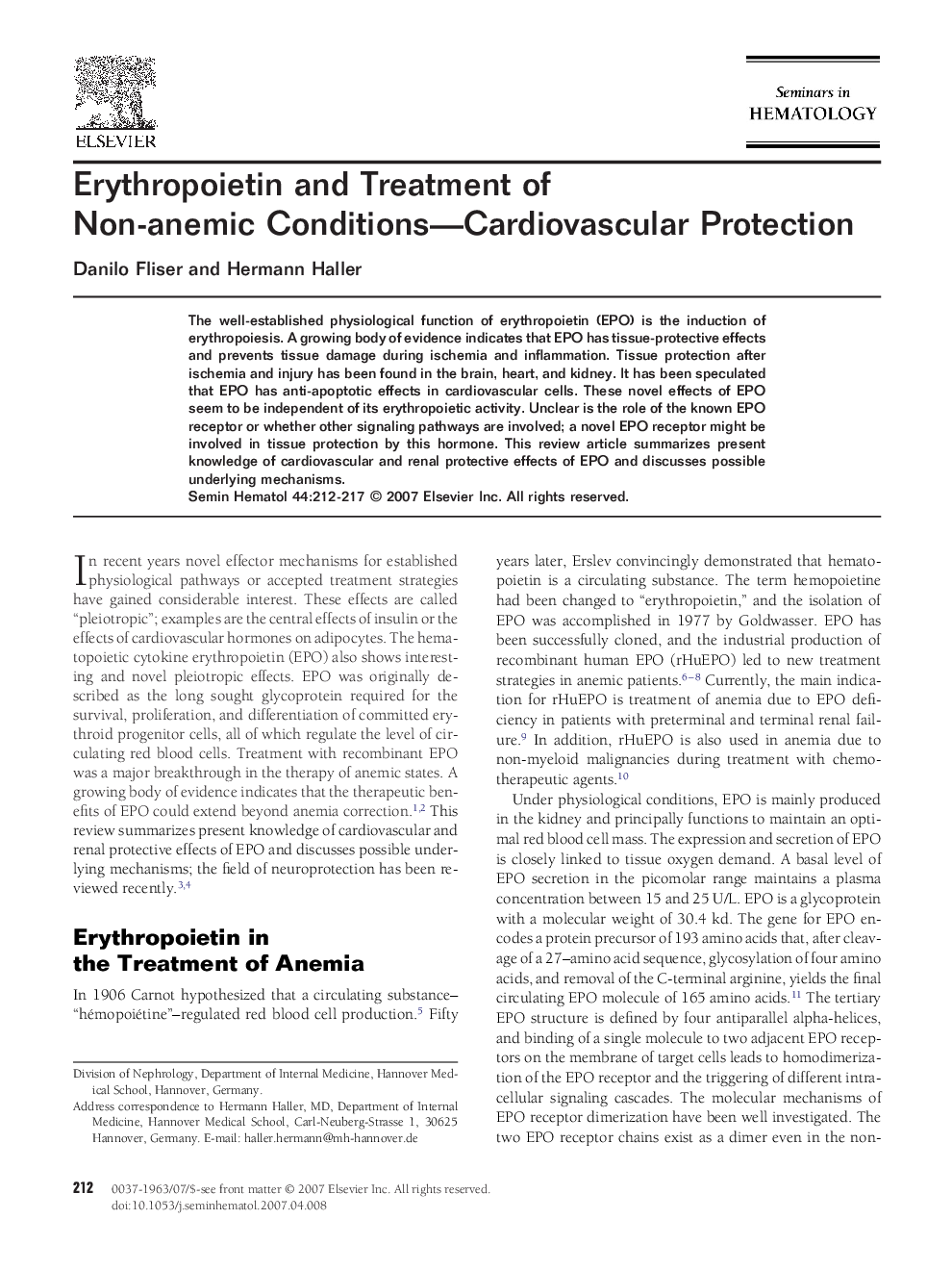 Erythropoietin and Treatment of Non-anemic Conditions-Cardiovascular Protection