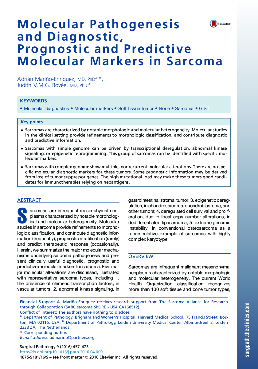 Molecular Pathogenesis and Diagnostic, Prognostic and Predictive Molecular Markers in Sarcoma 