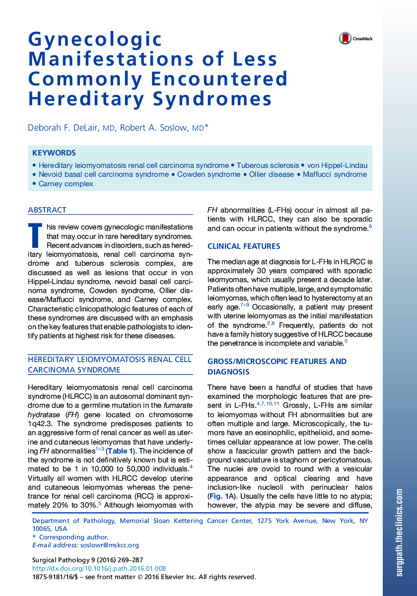 Gynecologic Manifestations of Less Commonly Encountered Hereditary Syndromes