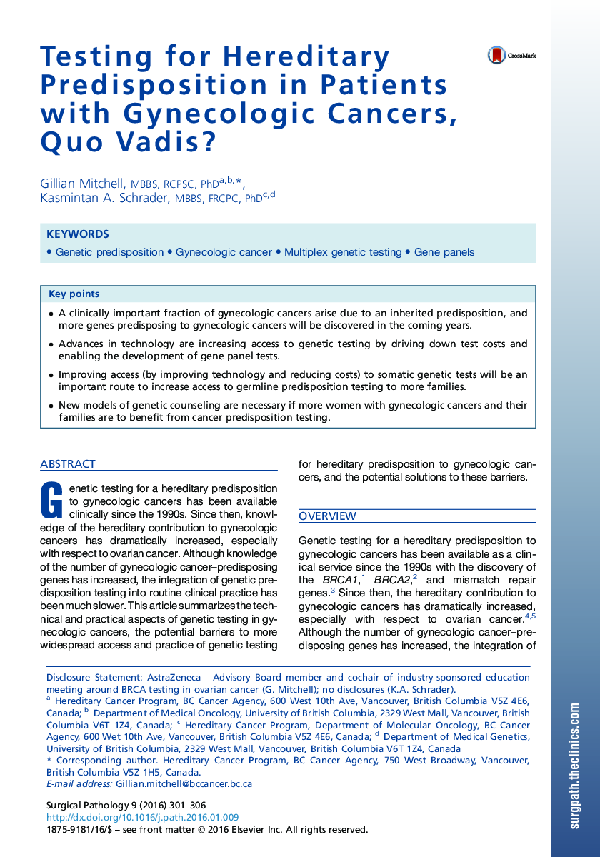 Testing for Hereditary Predisposition in Patients with Gynecologic Cancers, Quo Vadis?