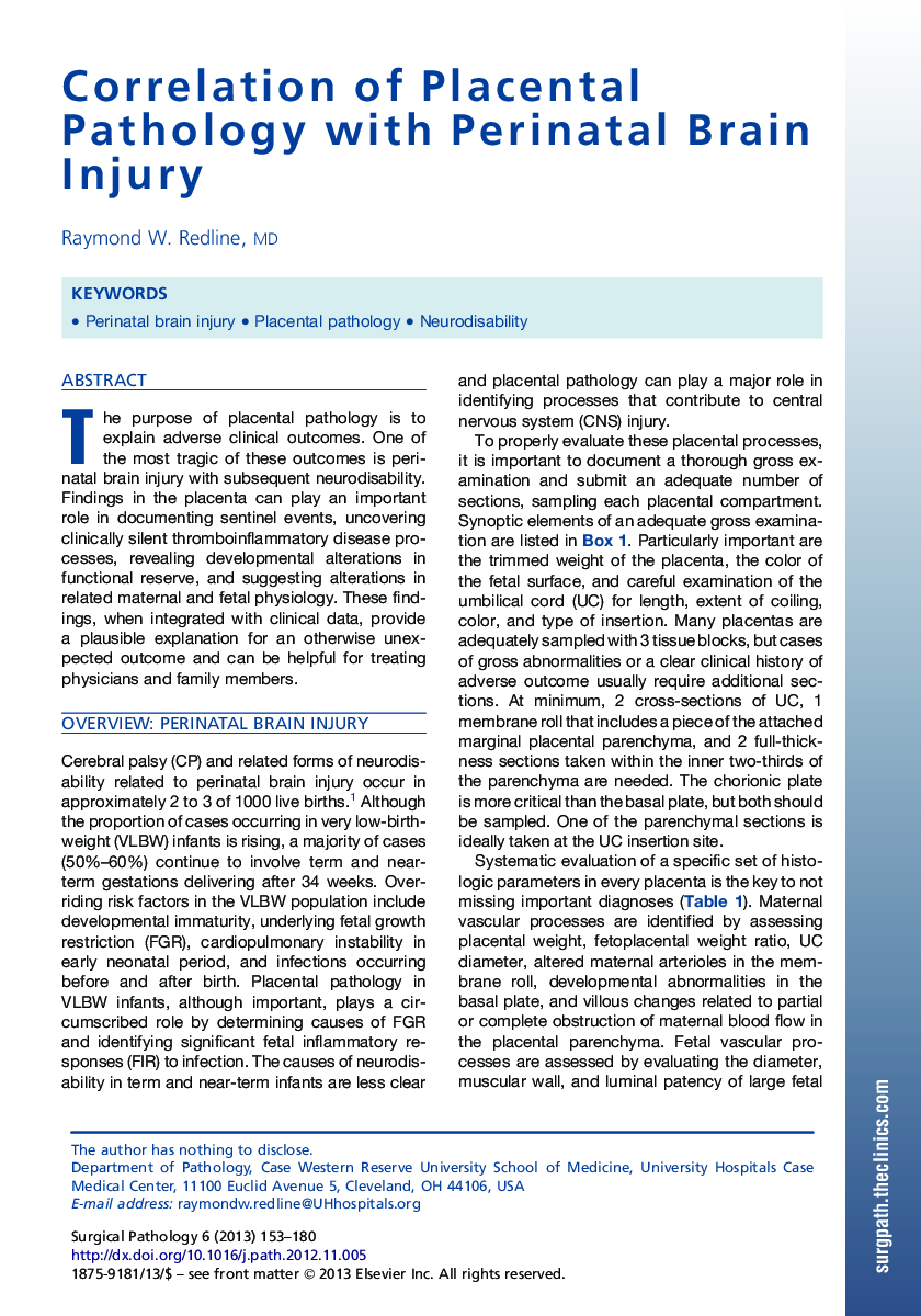 Correlation of Placental Pathology with Perinatal Brain Injury