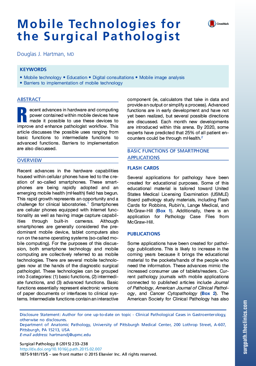 Mobile Technologies for the Surgical Pathologist