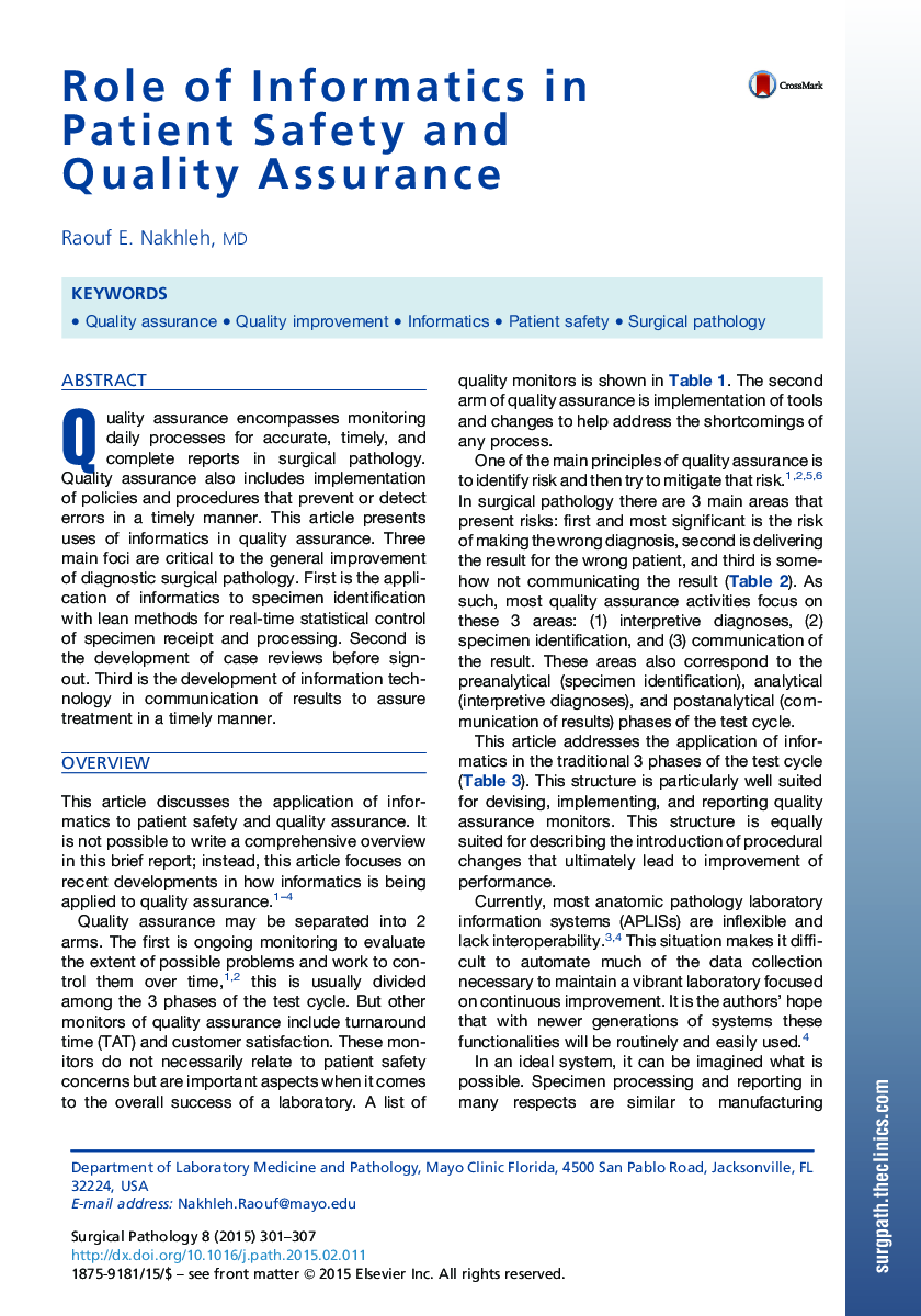 Role of Informatics in Patient Safety and Quality Assurance