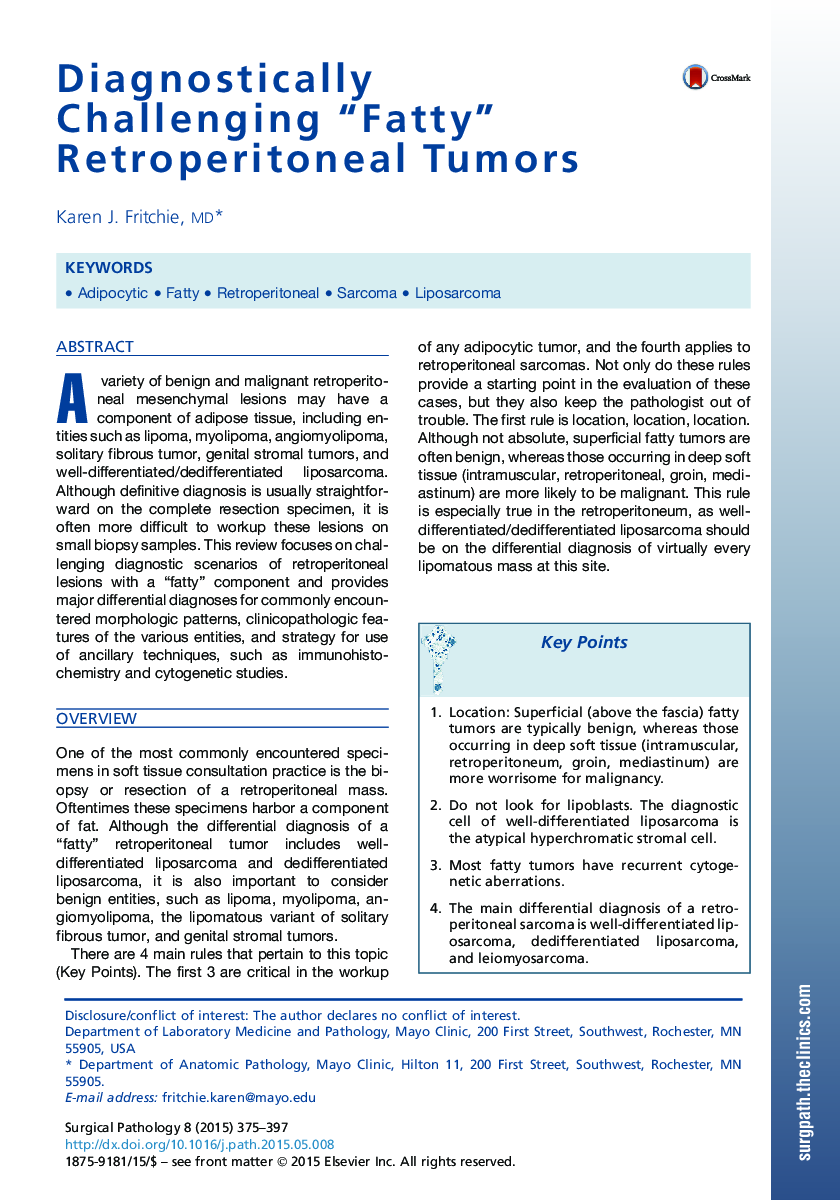 Diagnostically Challenging “Fatty” Retroperitoneal Tumors 