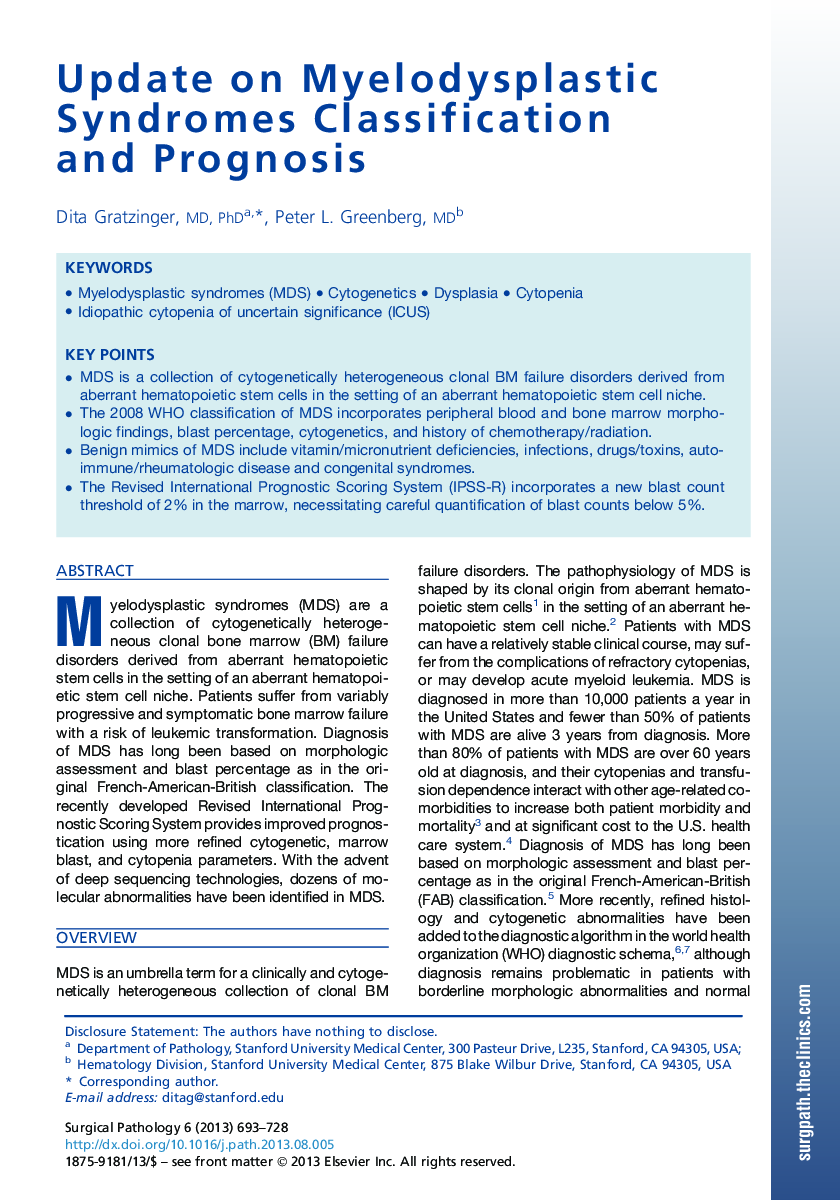 Update on Myelodysplastic Syndromes Classification and Prognosis