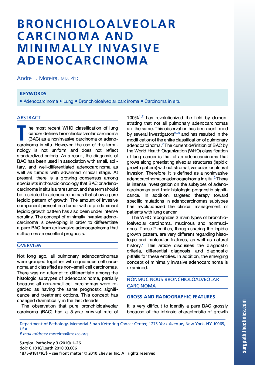 Bronchioloalveolar Carcinoma and Minimally Invasive Adenocarcinoma