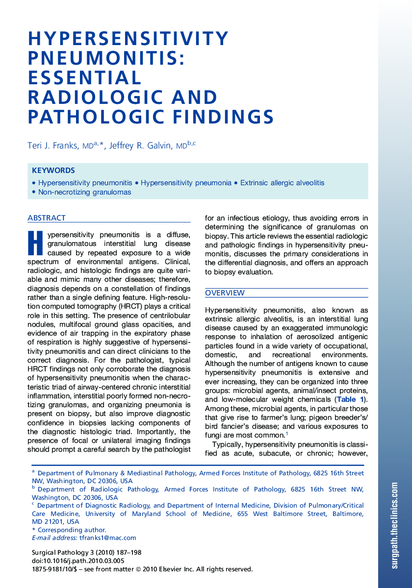 Hypersensitivity Pneumonitis: Essential Radiologic and Pathologic Findings