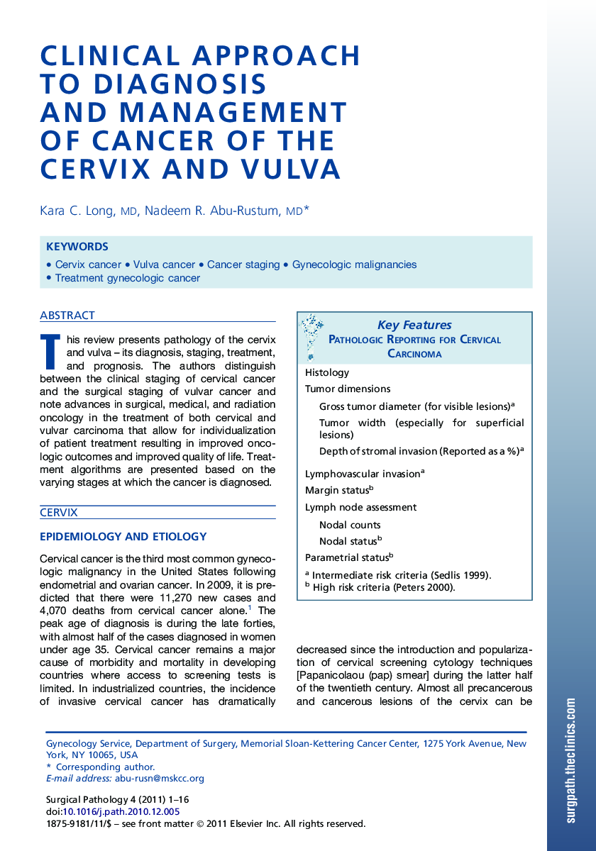 Clinical Approach to Diagnosis and Management of Cancer of the Cervix and Vulva