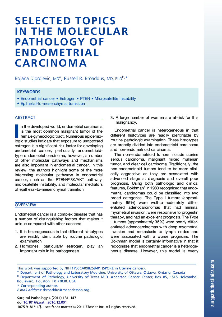 Selected Topics in the Molecular Pathology of Endometrial Carcinoma 