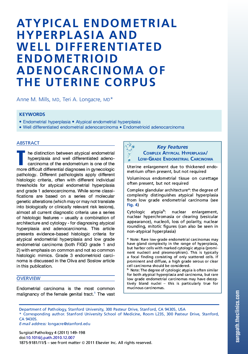 Atypical Endometrial Hyperplasia and Well Differentiated Endometrioid Adenocarcinoma of the Uterine Corpus