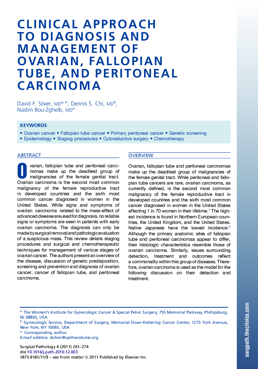 Clinical Approach to Diagnosis and Management of Ovarian, Fallopian Tube, and Peritoneal Carcinoma