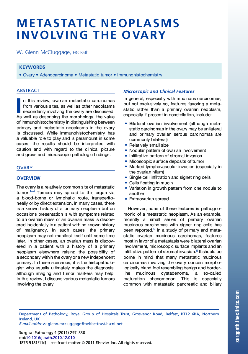 Metastatic Neoplasms Involving the Ovary