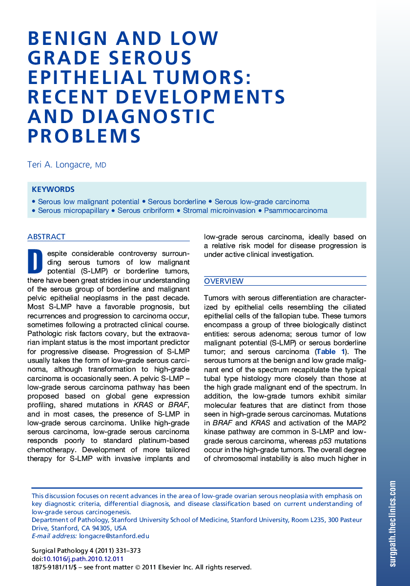 Benign and Low Grade Serous Epithelial Tumors: Recent Developments and Diagnostic Problems