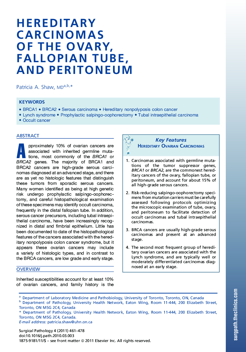 Hereditary Carcinomas of the Ovary, Fallopian Tube, and Peritoneum