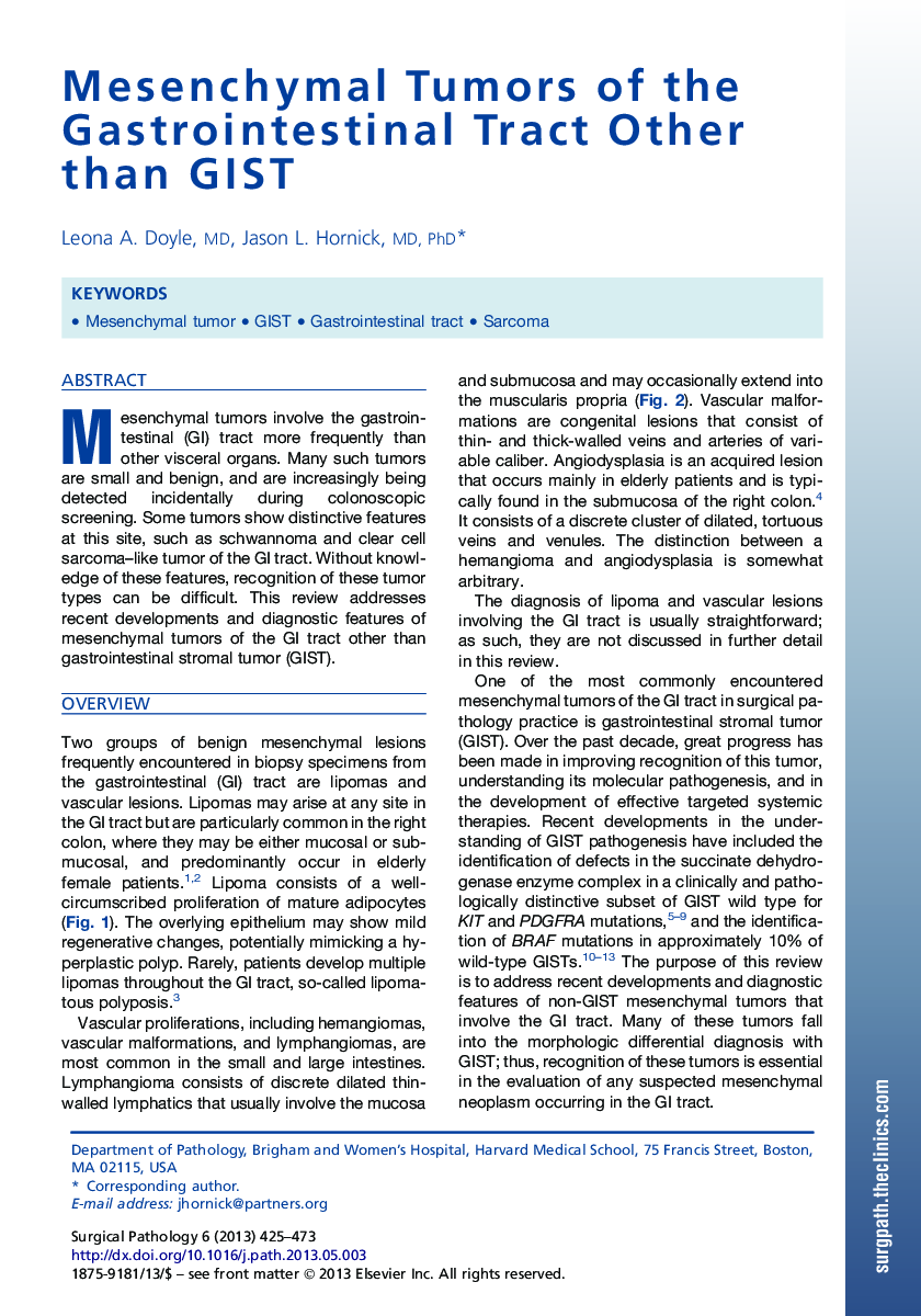 Mesenchymal Tumors of the Gastrointestinal Tract Other than GIST