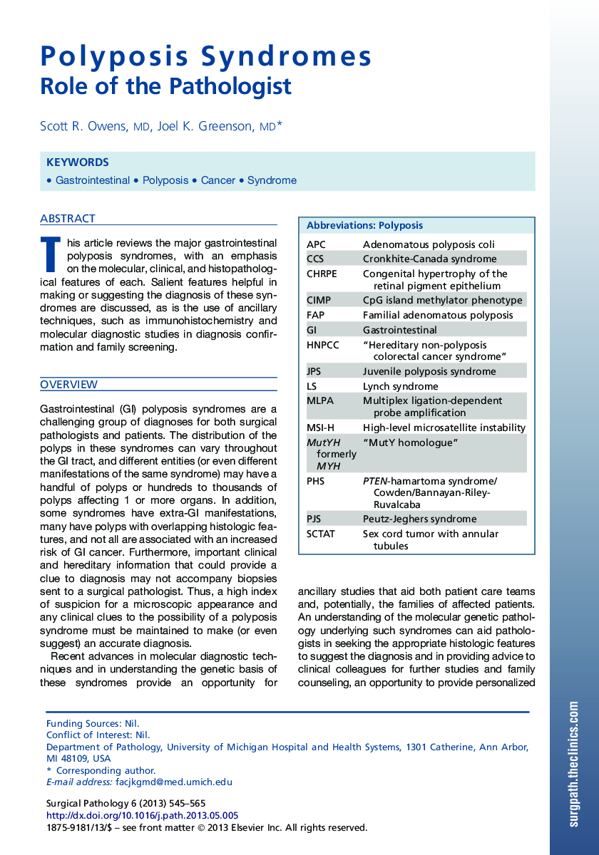 Polyposis Syndromes : Role of the Pathologist