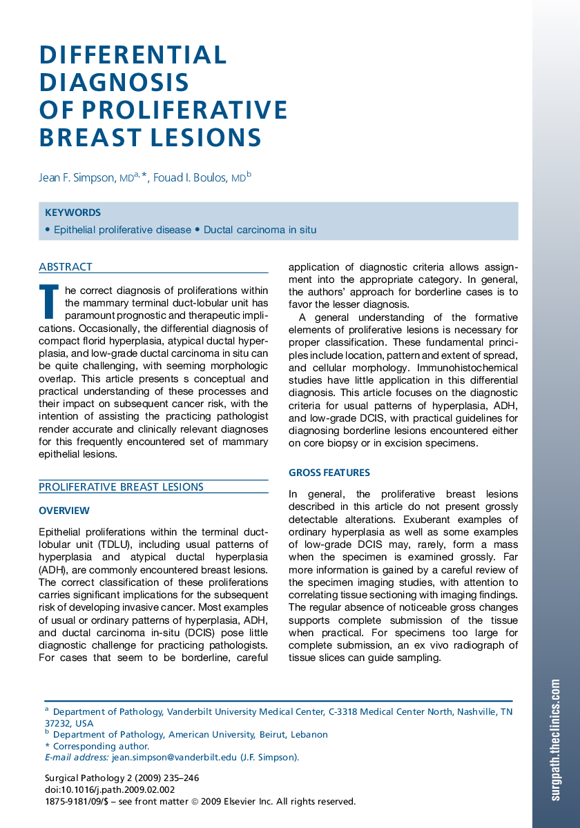 Differential Diagnosis of Proliferative Breast Lesions