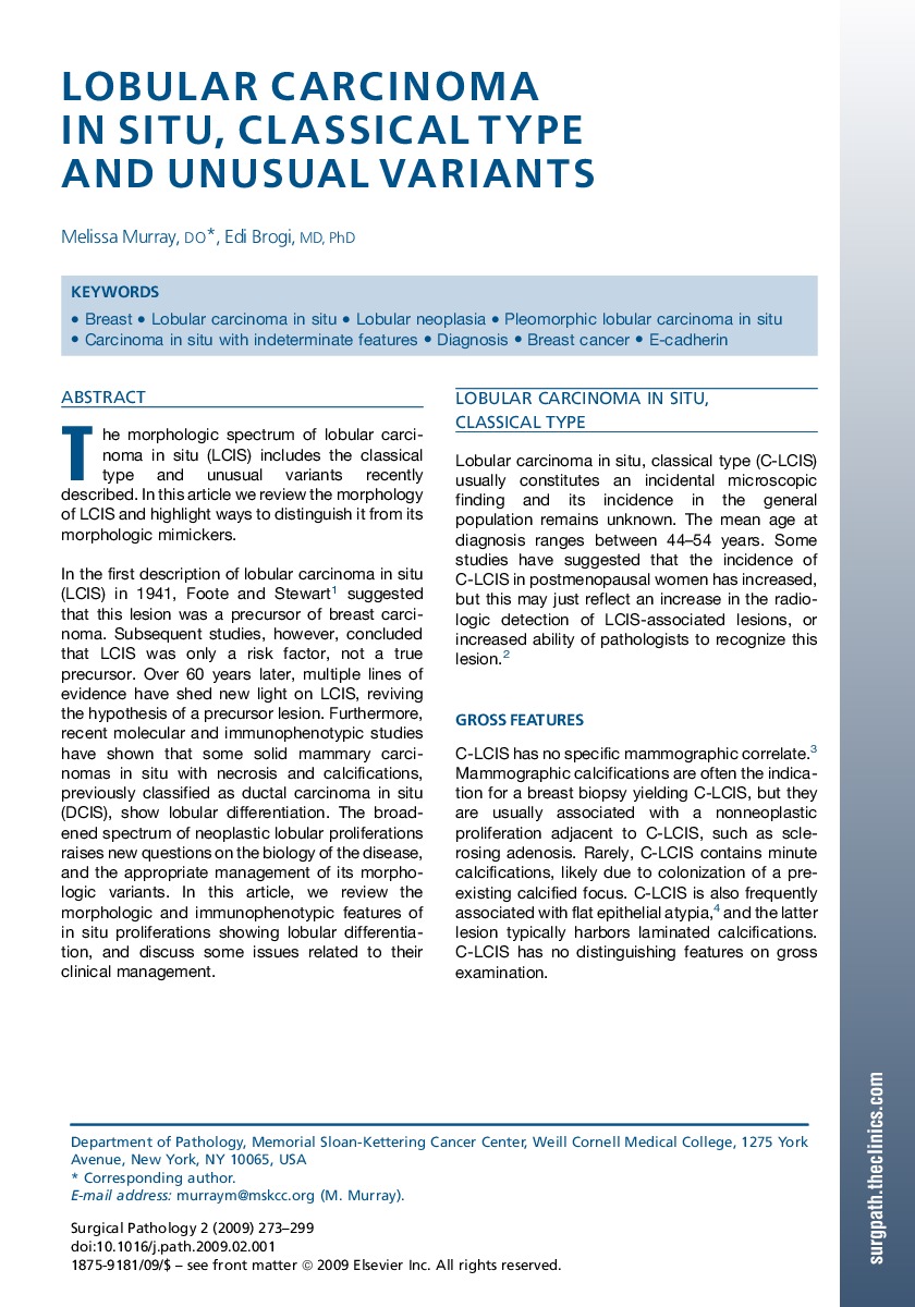 Lobular Carcinoma in Situ, Classical Type and Unusual Variants