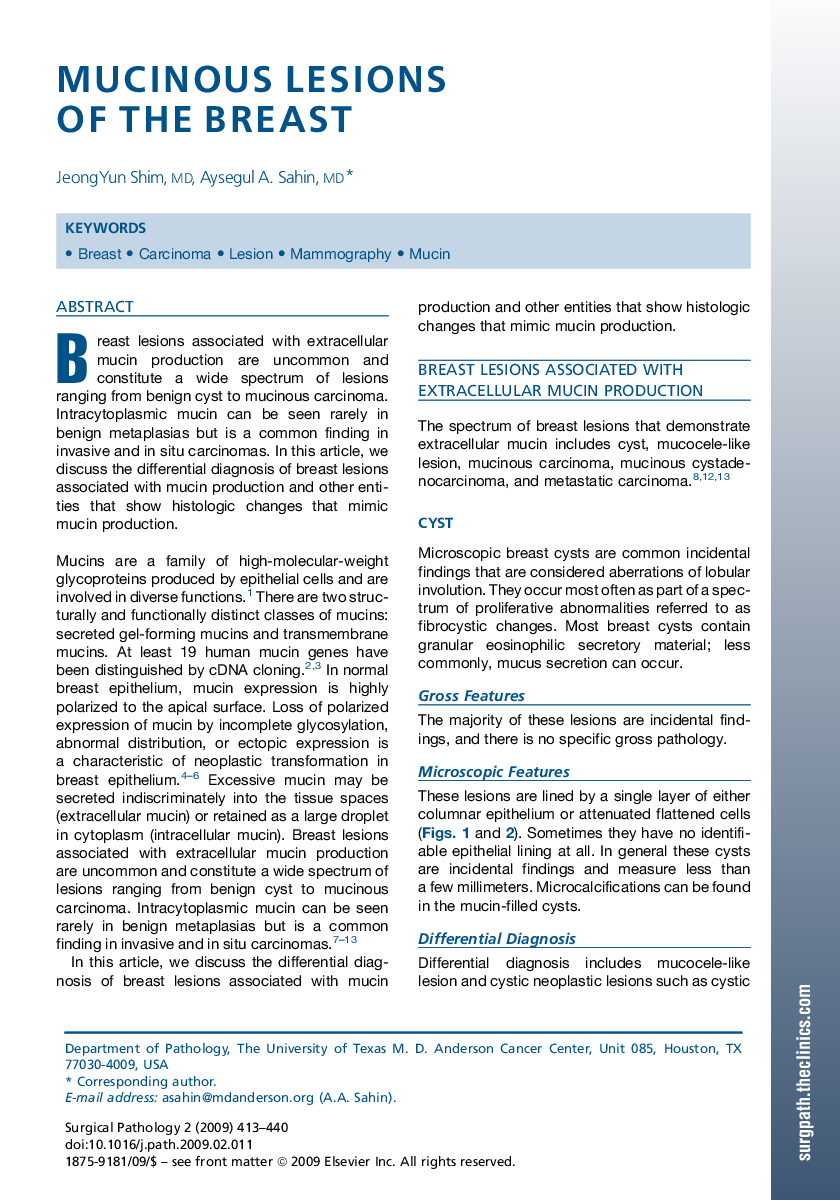 Mucinous Lesions of the Breast