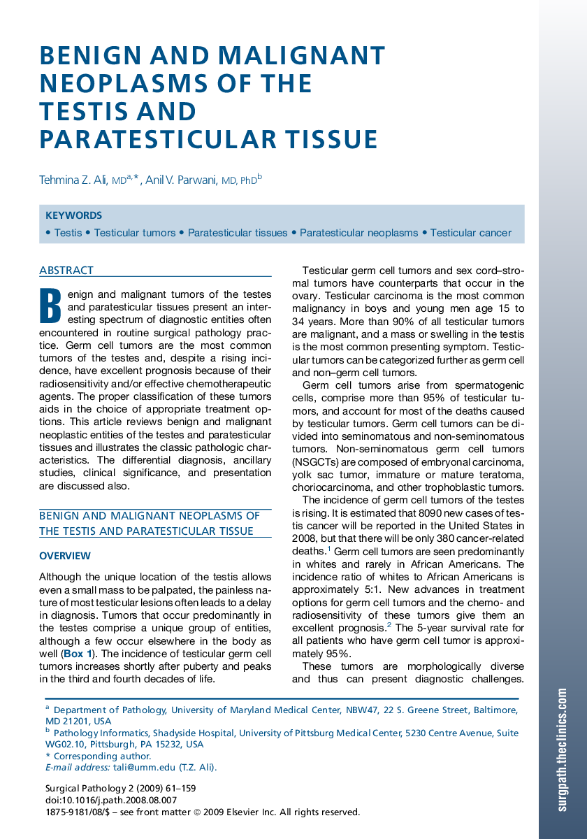 Benign and Malignant Neoplasms of the Testis and Paratesticular Tissue