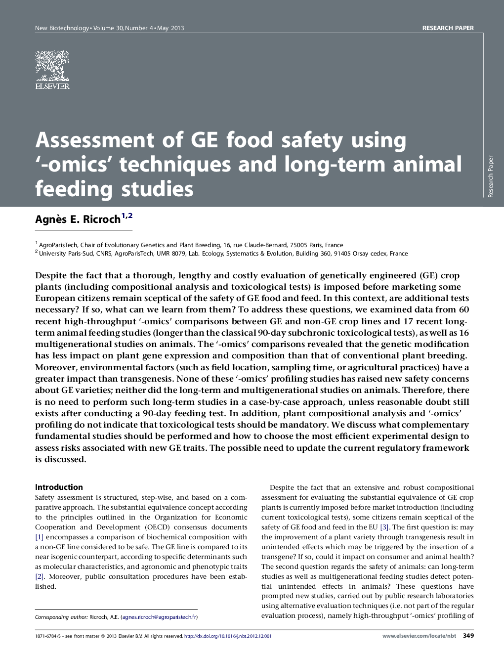 Assessment of GE food safety using ‘-omics’ techniques and long-term animal feeding studies