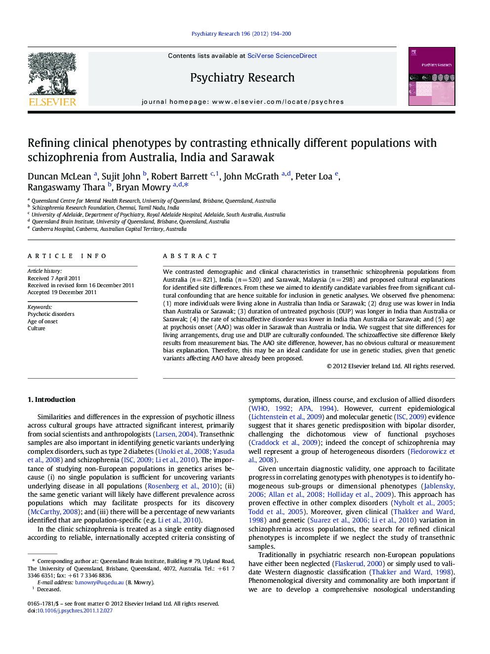 Refining clinical phenotypes by contrasting ethnically different populations with schizophrenia from Australia, India and Sarawak