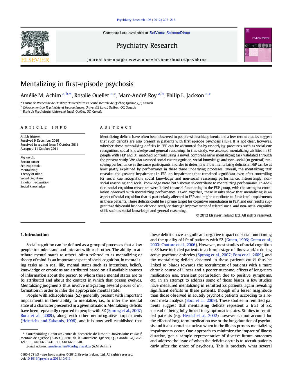 Mentalizing in first-episode psychosis