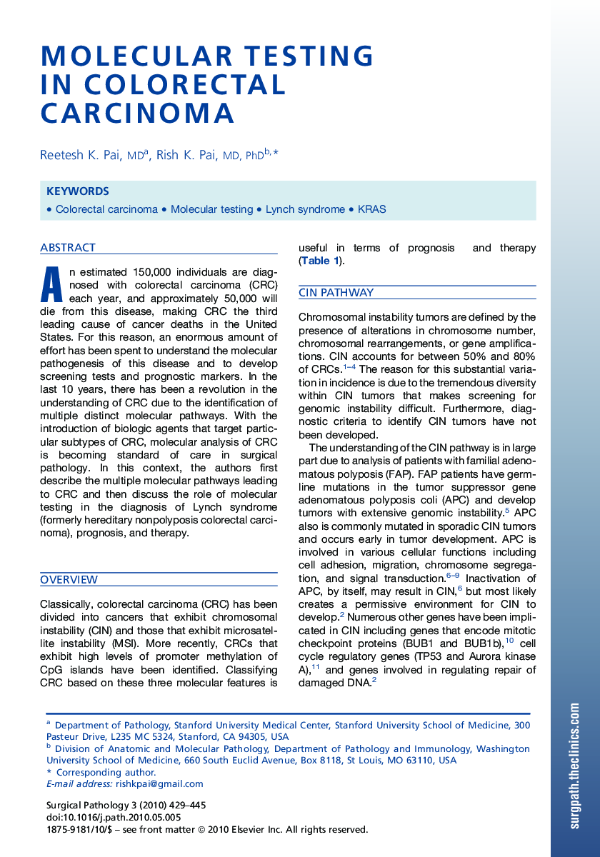 Molecular Testing in Colorectal Carcinoma