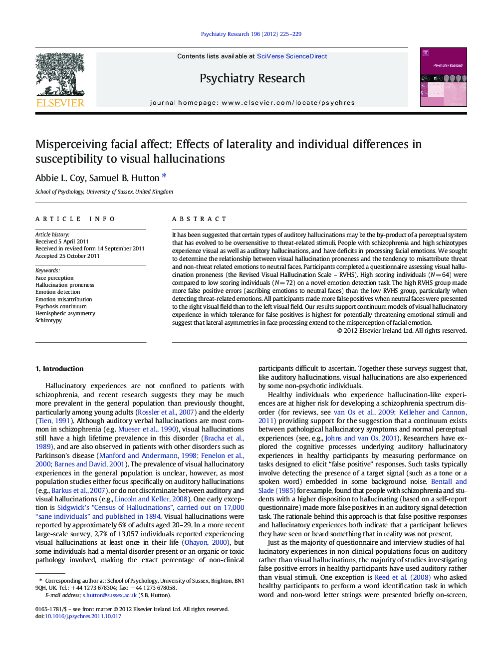 Misperceiving facial affect: Effects of laterality and individual differences in susceptibility to visual hallucinations