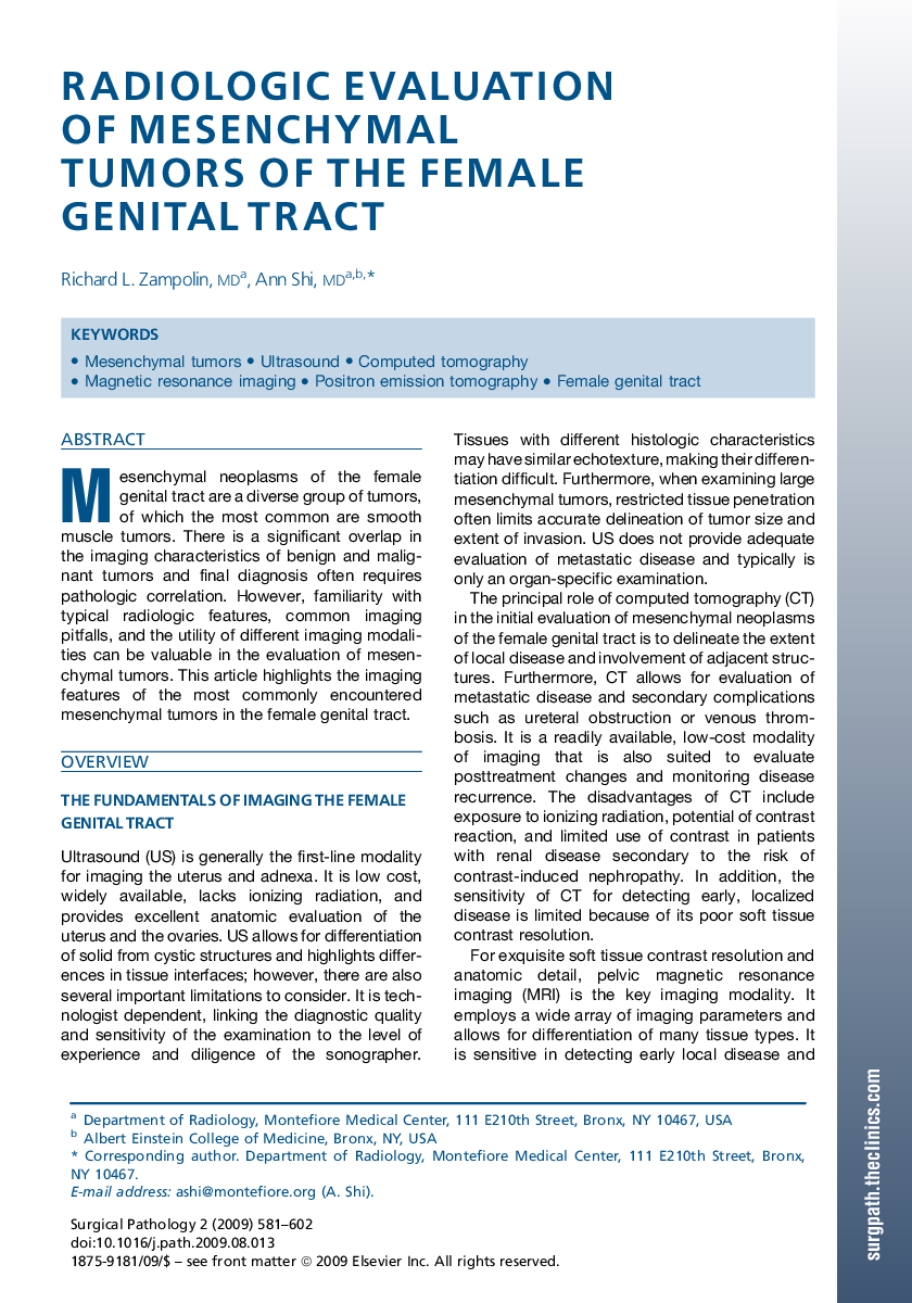 Radiologic Evaluation of Mesenchymal Tumors of the Female Genital Tract