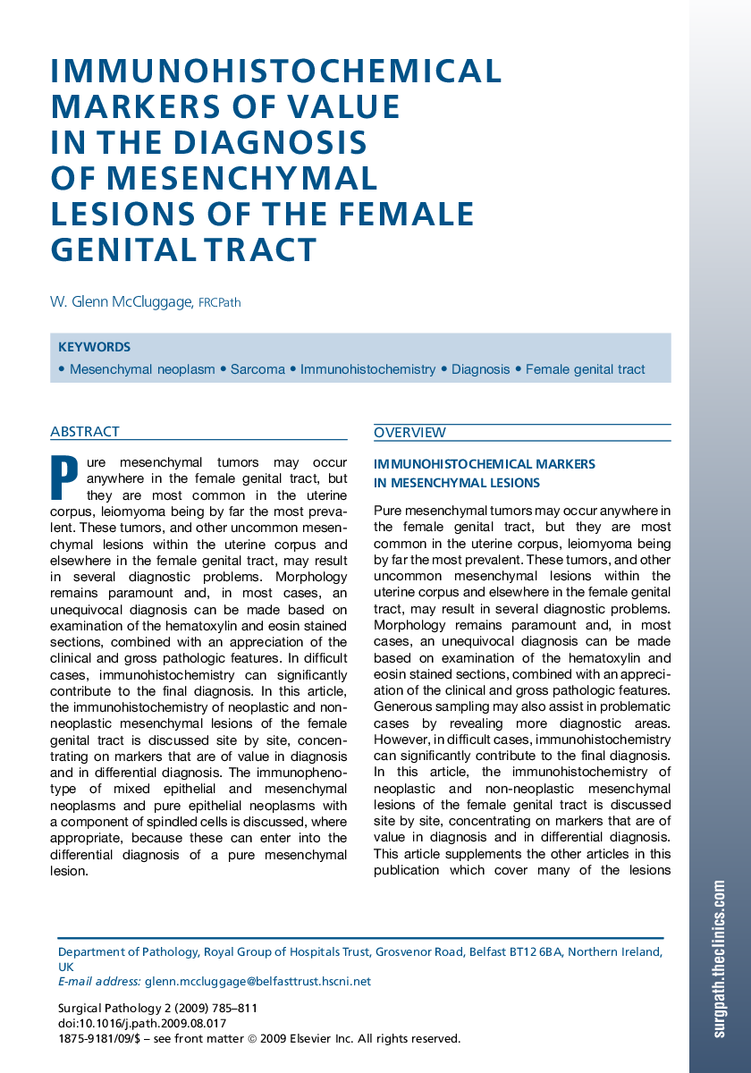 Immunohistochemical Markers of Value in the Diagnosis of Mesenchymal Lesions of the Female Genital Tract