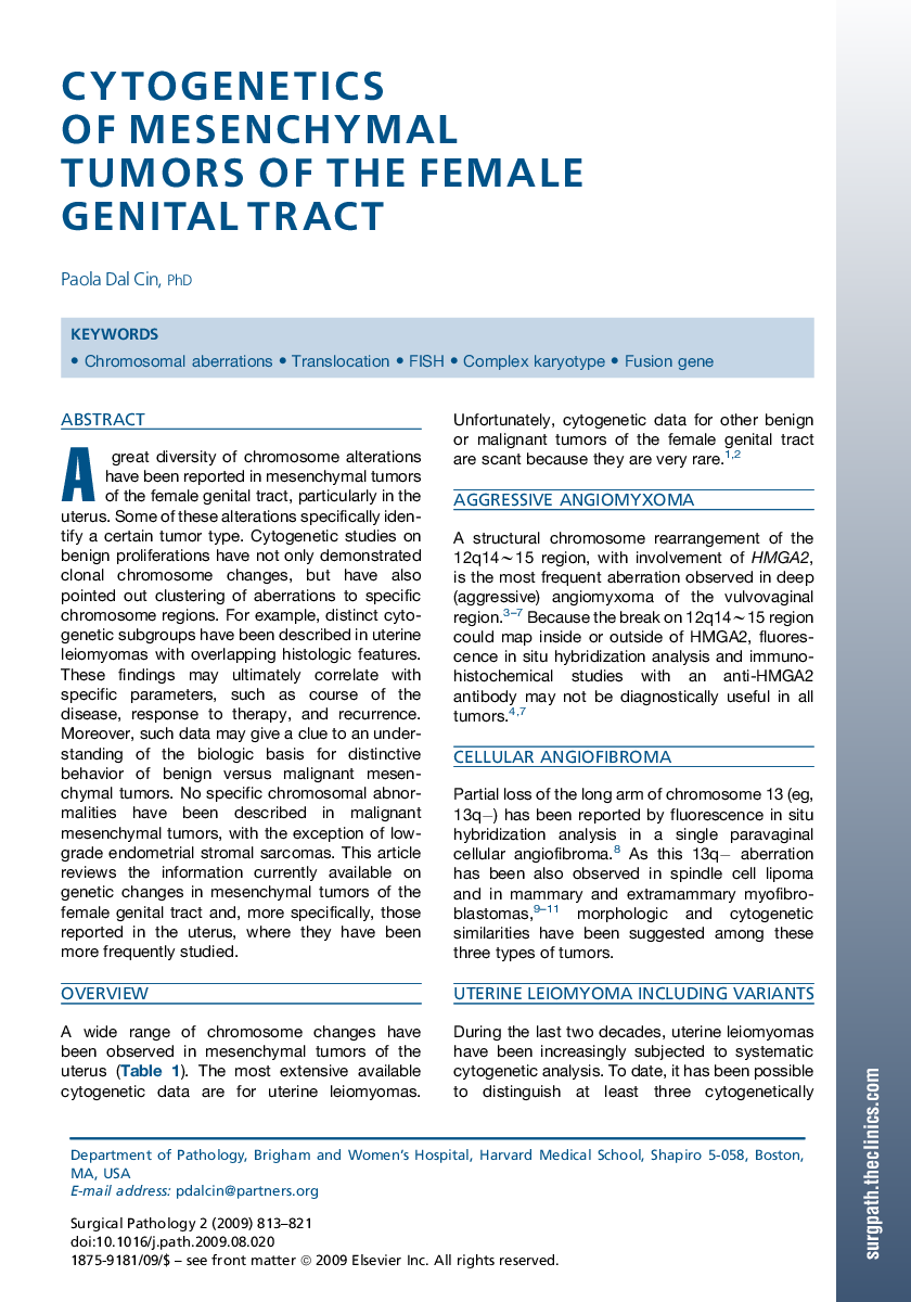 Cytogenetics of Mesenchymal Tumors of the Female Genital Tract