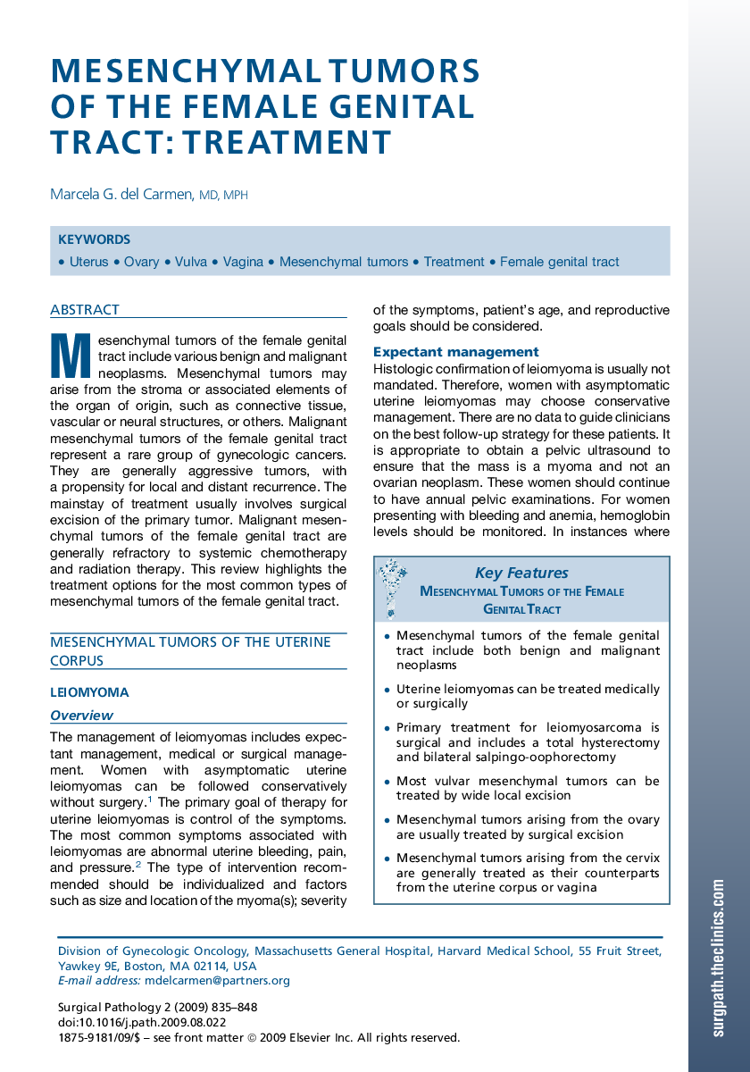 Mesenchymal Tumors of the Female Genital Tract: Treatment