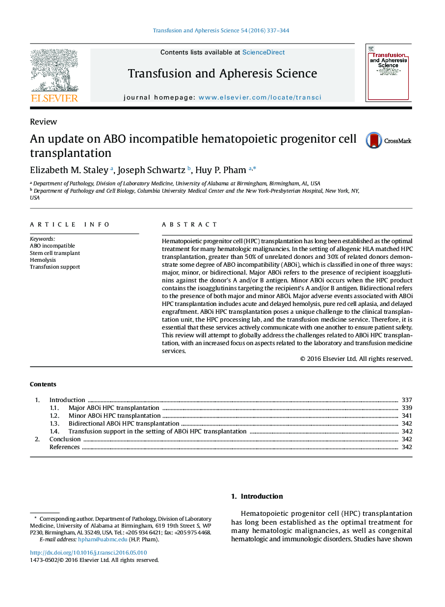 An update on ABO incompatible hematopoietic progenitor cell transplantation
