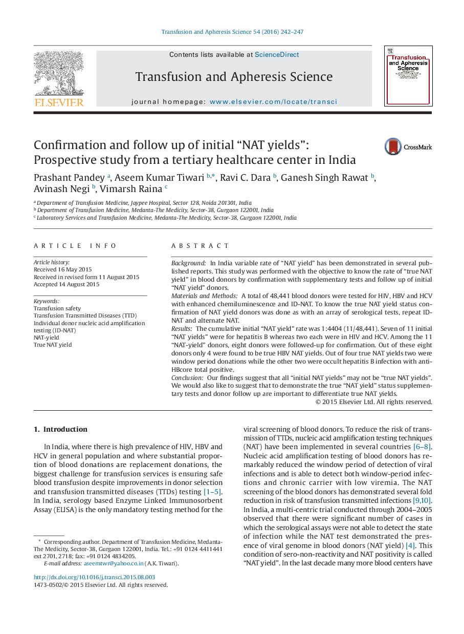 Confirmation and follow up of initial “NAT yields”: Prospective study from a tertiary healthcare center in India