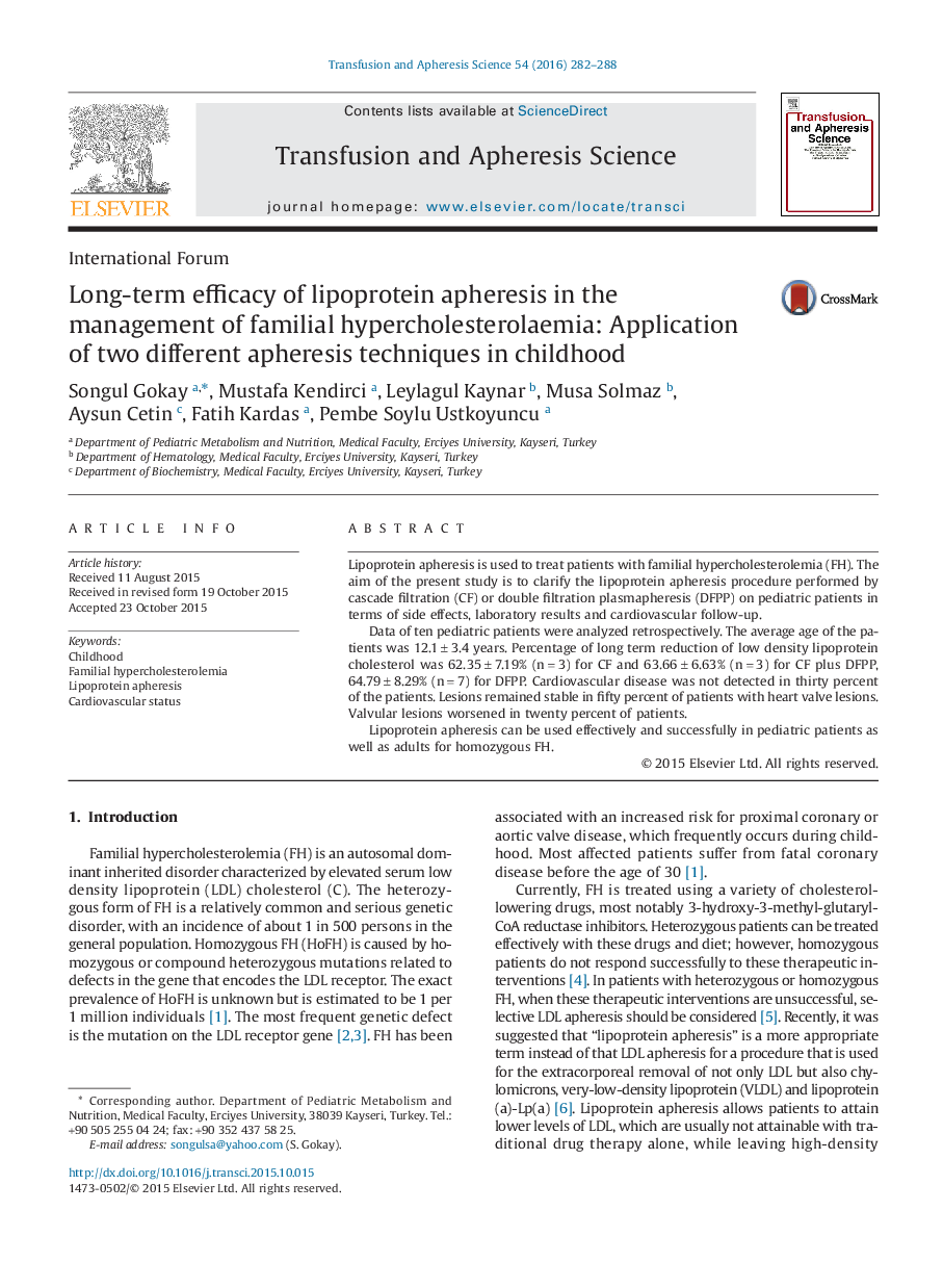 Long-term efficacy of lipoprotein apheresis in the management of familial hypercholesterolaemia: Application of two different apheresis techniques in childhood