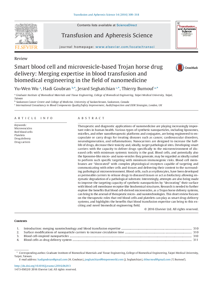 Smart blood cell and microvesicle-based Trojan horse drug delivery: Merging expertise in blood transfusion and biomedical engineering in the field of nanomedicine