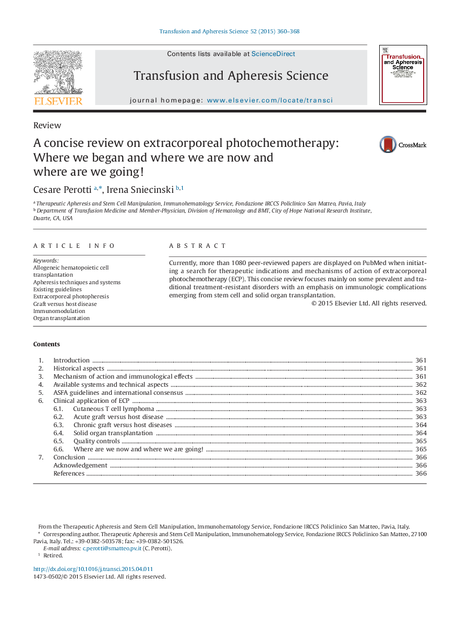 A concise review on extracorporeal photochemotherapy: Where we began and where we are now and where are we going! 