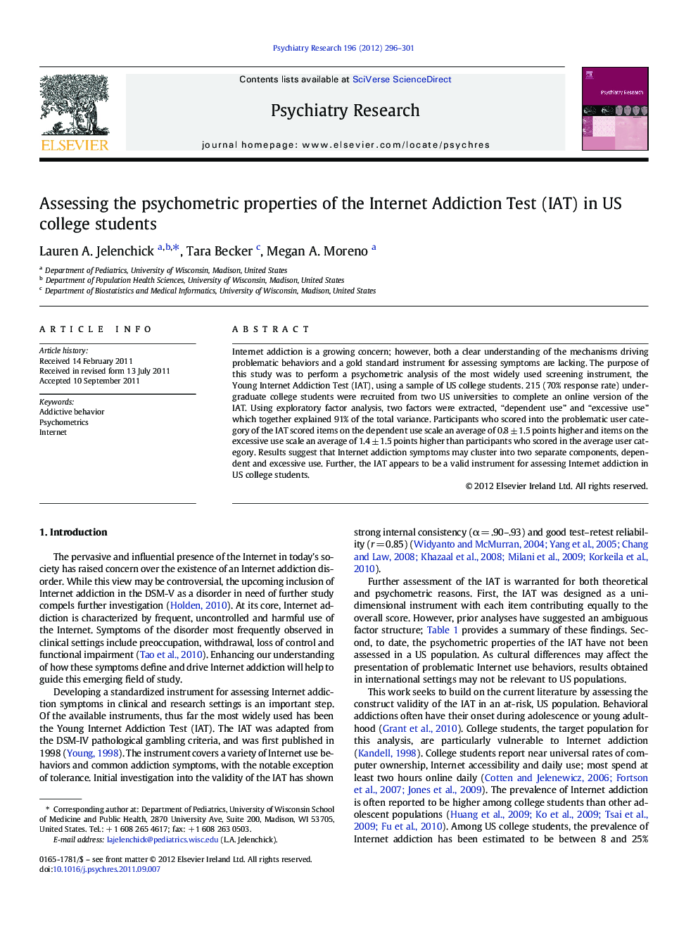 عکس صفحه اول مقاله: Assessing the psychometric properties of the Internet Addiction Test (IAT) in US college students Assessing the psychometric properties of the Internet Addiction Test (IAT) in US college students