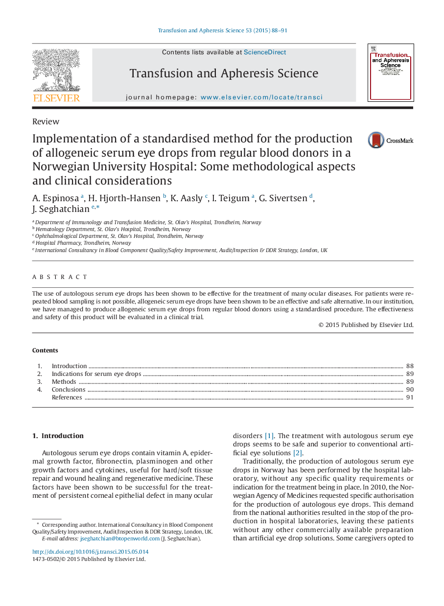 Implementation of a standardised method for the production of allogeneic serum eye drops from regular blood donors in a Norwegian University Hospital: Some methodological aspects and clinical considerations