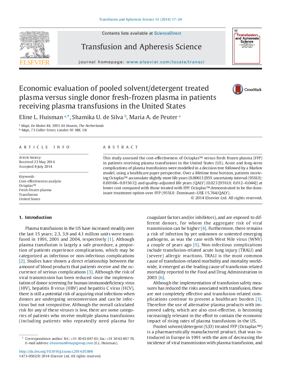 Economic evaluation of pooled solvent/detergent treated plasma versus single donor fresh-frozen plasma in patients receiving plasma transfusions in the United States