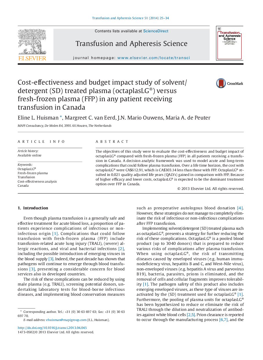 Cost-effectiveness and budget impact study of solvent/detergent (SD) treated plasma (octaplasLG®) versus fresh-frozen plasma (FFP) in any patient receiving transfusion in Canada