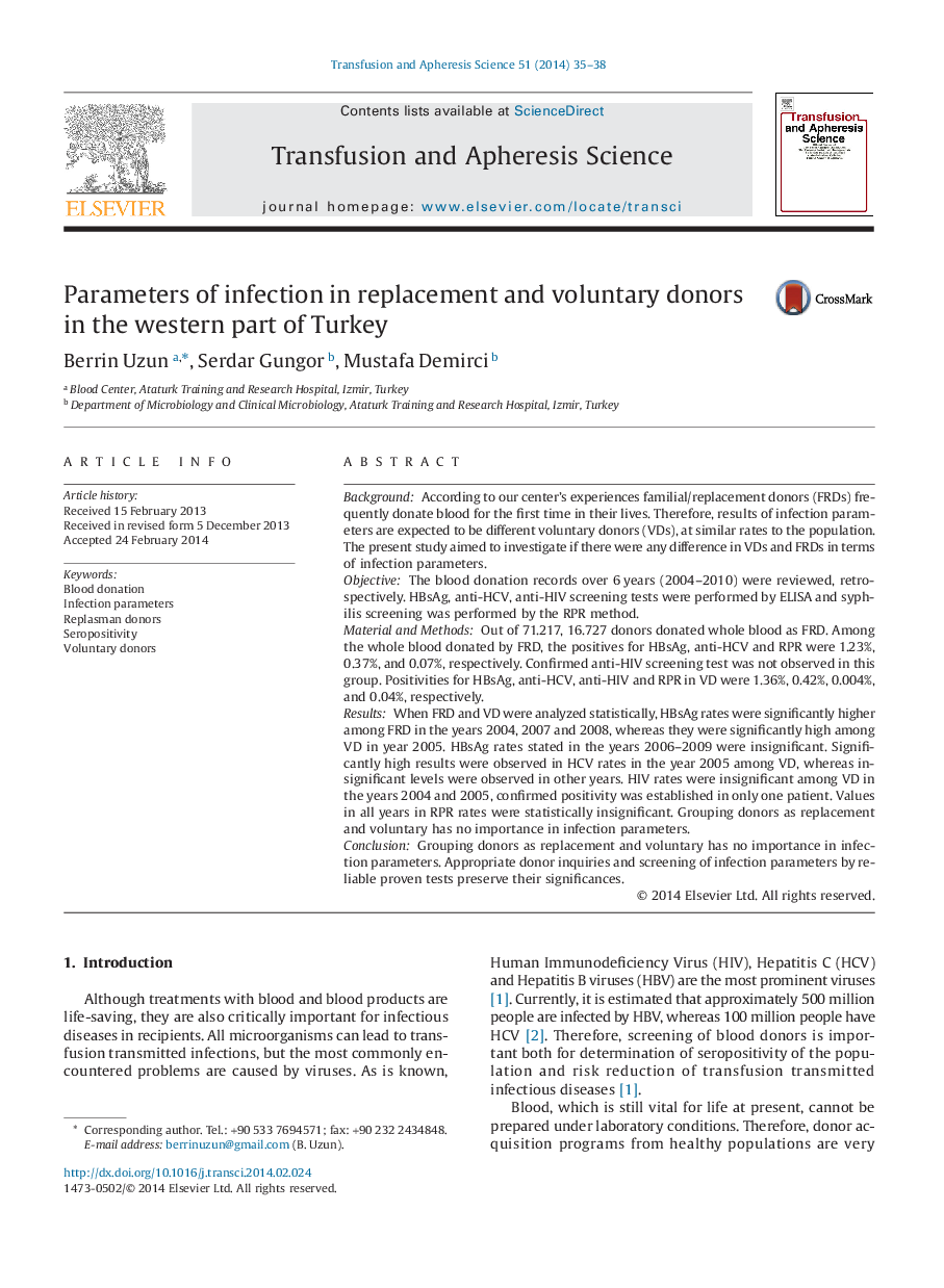 Parameters of infection in replacement and voluntary donors in the western part of Turkey