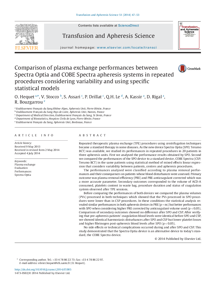 Comparison of plasma exchange performances between Spectra Optia and COBE Spectra apheresis systems in repeated procedures considering variability and using specific statistical models