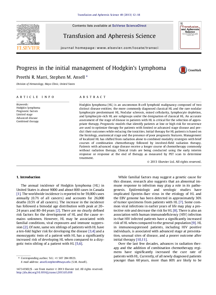 Progress in the initial management of Hodgkin’s Lymphoma